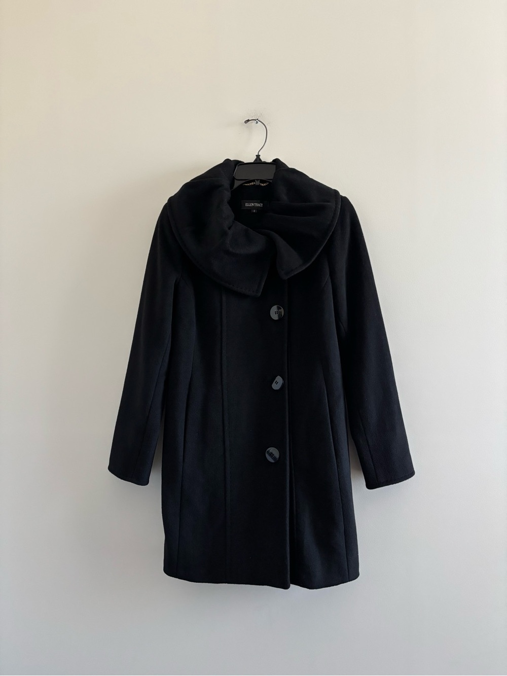 VTG Y2K Ellen Tracy Pea Coat Black Wool Ruffle Collar Women 2 Preppy Academia